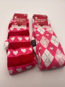 Valentine's Day Women Knee High Socks Heart and Argyle Print 2 Pair Size 5-9 - Picture 1 of 4