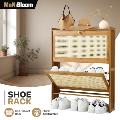MONIBLOOM 34"x27"x7" Brown Shoe Storage Bamboo Organizer Shelf Slim Cabinet w/Flip Door