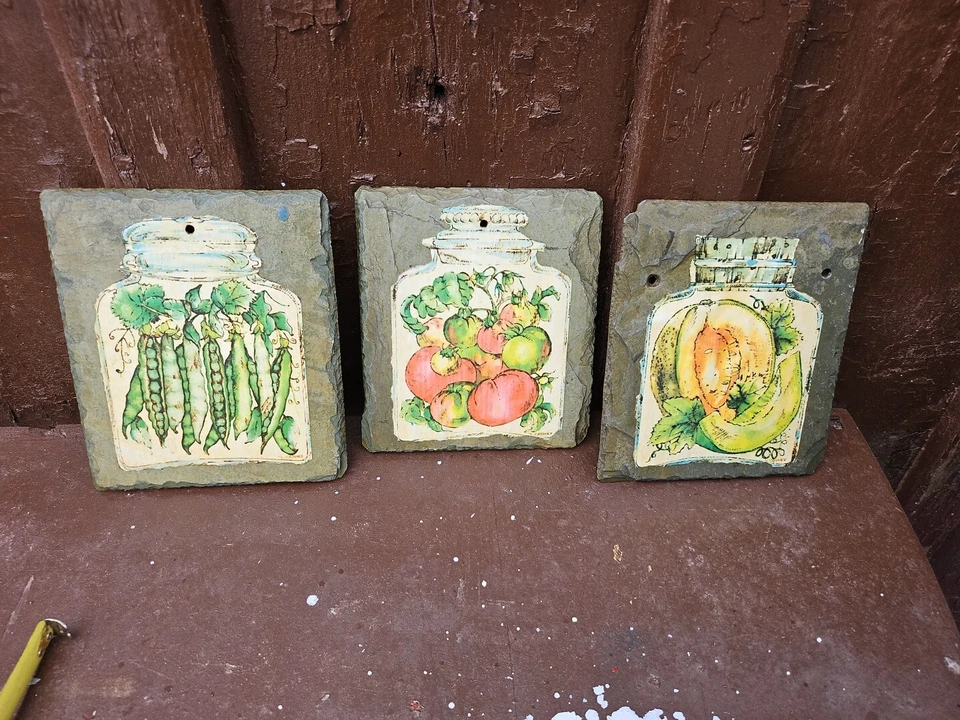 Wall Plaques Decor Hanging 6"x5" Vintage Vegetable Decoupage On Slate SET OF 3 - Image 1 of 4