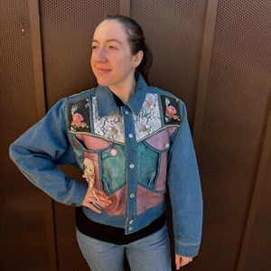Vintage 80s Braxton Lion Womens Small Upcycled Jean Jacket Floral Lace Harlequin - Picture 1 of 20