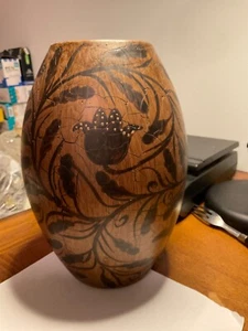 LARGE CURVED HAND PAINTED BROWN AND BLACK CERAMIC VASE. - Picture 1 of 2
