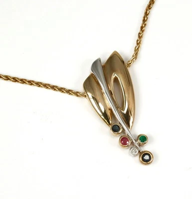 Verspieltes Collier in 585 Gelbgold mit Rubin, Safir, Smaragd und Diamant - Bild 1 von 3