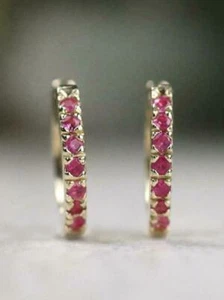 0.50 Ct Ruby & Sapphire Hoop Earrings 10K Solid Yellow Gold - Picture 1 of 4