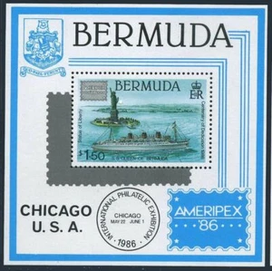 Bermuda 508,MNH.Michel 497 Bl.6. AMERIPEX - 1986: Freiheitsstatue, Schiff. - Bild 1 von 1