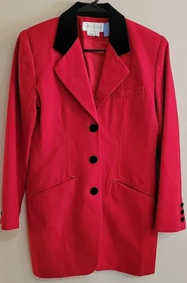 Casual Corner 女式 100% 羊毛外套/夹克红色黑色天鹅绒领 4 码内衬 — 第 1/4 张图片