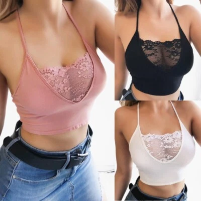 Womens Ladies Lace Strappy Vest Top Unpadded Bralet Top Lace Bra Crop Tops UK - Image 1 of 4