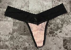 NWT VICTORIA'S SECRET O/S PINK STRIPE LACE LACIE VINTAGE RARE THONG PANTIES - Picture 1 of 3