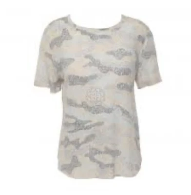 EQUIPMENT FEMME 棕褐色灰色迷彩印花 100% 真丝圆形下摆 T 恤 S 码 — 第 1/4 张图片
