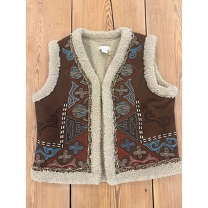 NWT House of Harlow 1960 Embroidered Sherpa Trim Vest One Size Boho Chic Brown - Picture 1 of 7