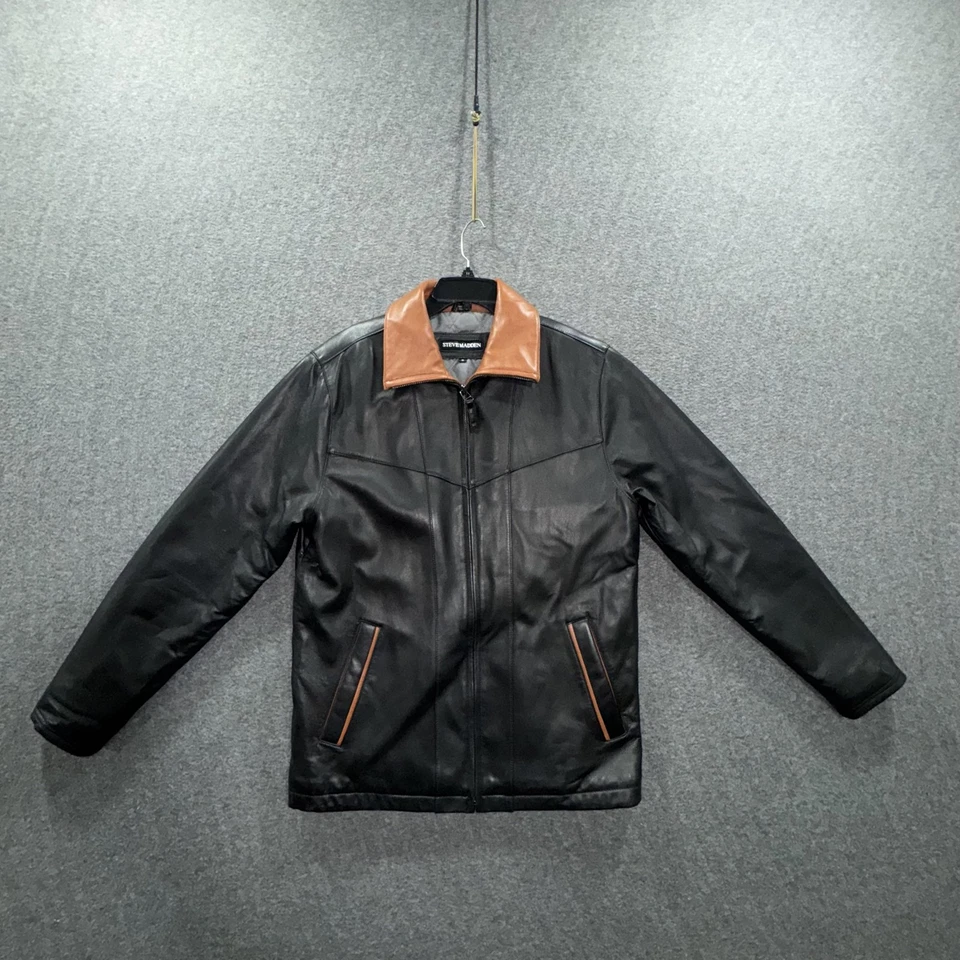 Steve Madden Genuine Leather Jacket Mens Small Black Brown Two Tone Zip Lined — 第 1/4 张图片