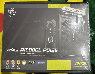 MSI - MAG A1000GL PCIE 5, 80 GOLD Fully Modular Gaming PSU, 12V-2×6 Cable, ATX - Image 1 of 3