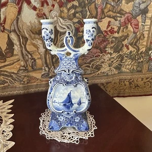 ROYAL Delft 1900 blue & white Candelabra with Peacock - Picture 1 of 6