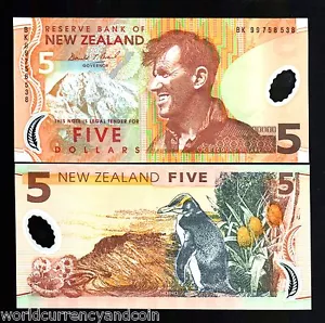 NEW ZEALAND 5 DOLLARS P-185A 1999 POLYMER EDMUND HILLARY PENGUIN UNC MONEY NOTE - Picture 1 of 2