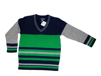 SUÉTER ELAND KIDS NOVO COM ETIQUETAS MENINOS 4 AZUL, VERDE E CINZA MULTITRIPAS GOLA V - Imagem 1 de 4