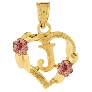 Genuine 14k Two-tone Gold 0.66" Initial J Heart-shaped Flower Pendant For Women - Picture 1 of 5