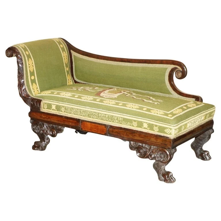 ANTIQUE REGENCY EMBROIDERED MAHOGANY HAND CARVED LION'S HAIRY PAW CHAISE LOUNGE - Image 1 of 4