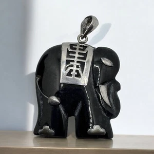Sterling Silver Charcoal Jade Elephant Pendant Black - Picture 1 of 5