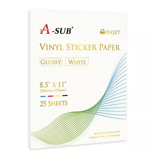 A-SUB Vinyl Sticker Paper High Glossy White Waterproof Removable 25 Sheet 8.5x11 - Picture 1 of 11