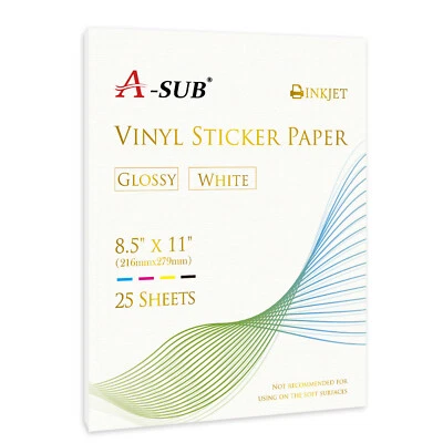 A-SUB Vinyl Sticker Paper High Glossy White Waterproof Removable 25 Sheet 8.5x11 - Image 1 of 4