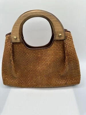 Stuart Weitzman Brown Woven Leather Wood Handles Satchel Handbag - Image 1 of 4