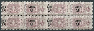 1923-25 REGNO PACCHI POSTALI 3 SU 10 QUARTINA VARIETà SOPRASTAMPA MNH ** - ED774 - Picture 1 of 1