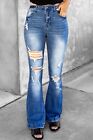 New Distressed Ripped High Waist Flared Denim Jeans M L Xl