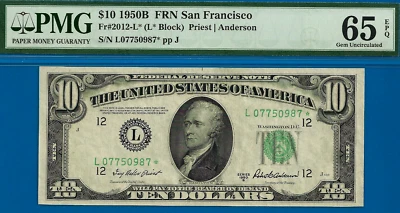 1950B $10 Federal Reserve Note PMG 65EPQ gem San Francisco star Fr 2013-L* - Image 1 of 3