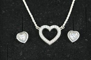 Pandora ALE  925 Silver Sparkling Pave Heart 16" Necklace Earring Gift set Box