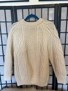 Hand Knit Size 46 Ivory Pure Wool Fisherman Sweater Highland Home Industries - Picture 1 of 4
