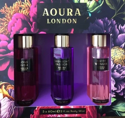Aoura London Body Mist Gift Set Midnight Passion Love Rush Pretty Woman 3 x 60ml