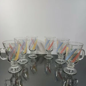 Vintage 1980's Libbey Glasses Stripes Pastels Pedestal Drinking Glasses Set Of 6 - Picture 1 of 7