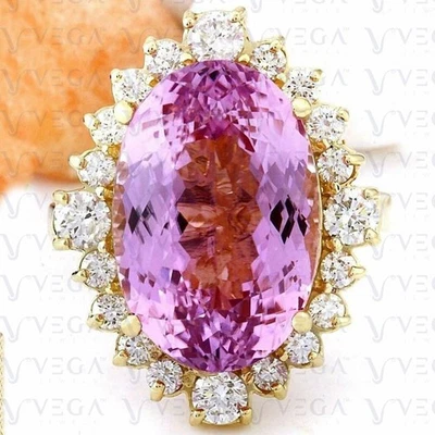 Кольцо с натуральным кунцитом и бриллиантовым зубцом овальной огранки 10,20 карата чистое желтое золото 14 карат - Изображение 1 из 4