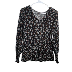 Loft T-Shirt Women's XS Black Floral V-Neck Long Sleeve Boho Casual Shirt Top - Picture 1 of 9