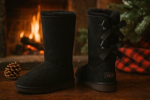 UGG Bailey Bow Tall Boots Black Suede Sheepskin Fur Lined Women’s UK 4 EU 37 - Picture 1 of 7