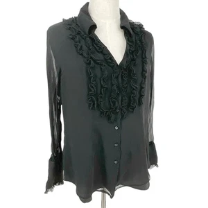 Coldwater Creek Bluse schwarz Rüschen vorne transparente Ärmel Knopfleiste Gr. L Seidenmischung - Bild 1 von 9