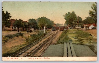 Looking Towards Railroad Station Mebane North Carolina NC Train Cars c1908 PC - Image 1 of 2