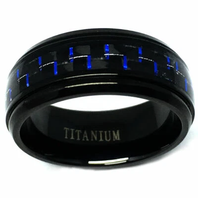 8mm Men's Titanium Black with Blue Carbon Fiber Stepped Edge Wedding Band Ring  - Image 1 of 3