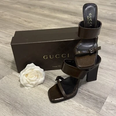 GUCCI Dark Brown Leather Block Heel High Heel Sandals Size 6 - MINT Worn ONCE - Image 1 of 4