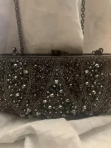 Nordstrom Glint beaded evening clutch bag formal wedding silver black chain - Picture 1 of 8