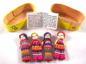 Four (4) Large Worry Doll Dolls In Wooden Box By Mayan Artisans Fair Trade - Picture 1 of 11