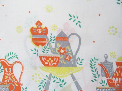 Saco de alimentación de harina vintage tetera cafetera taza borde estampado hojas tela R2 Foto 1 de 4