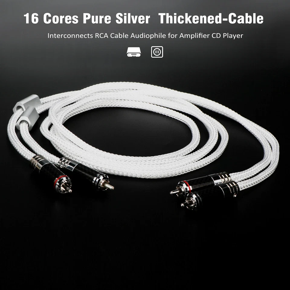 Pair 16 Cores 4N Pure Silver Audio RCA Cable Carbon Fiber RCA Plug for Amplifier - Image 1 of 4