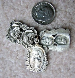 Vintage Sterling Silver Rose Bud Religious 3 Piece Slide Pendant Medal Mary Cree - Picture 1 of 4