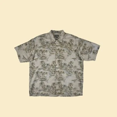 Camisa de lino tropical años 90, vintage 2XL para hombre beige/marrón palmera abotonada Foto 1 de 4