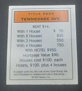 Monopoly 1996 Title Deed Card Tennessee Ave Replacement Game Piece / Part HASBRO - Picture 1 of 2