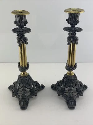 Pair Of  Antique French Brass & Pewter Candle Holders Bourgeois Empire Style - Image 1 of 4