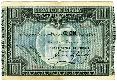 ☆ SPAIN CIVIL WAR 1937 • 100 PTS BILBAO • EUSKADI ☆ GUERRA CIVIL ESPAÑOLA ☆C5922 - Image 1 of 2