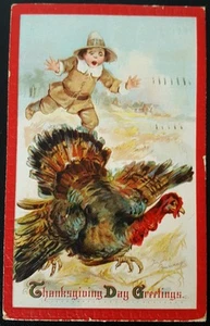 Vintage Brundage Series 130 Thanksgiving Postcard 1915 Child Pilgrim Turkey - Picture 1 of 2