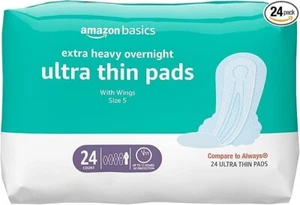 Amazon Basics Ultra Thin Extra Heavy Overnight Pads - Size 5, 24 Count - Unscent - Picture 1 of 8