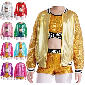 Kids Blouse Zip-Up Sweatshirt Shiny Jacket School Sweater Baseball Top Party - Picture 1 of 71